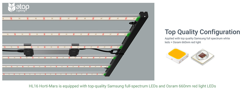 HL16 Horti Mars is equipped with top quality Samsung full spectrum LEDs and Osram 660nm red light LEDs