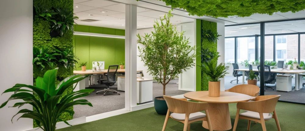 Biophilic office with green plants olive trees