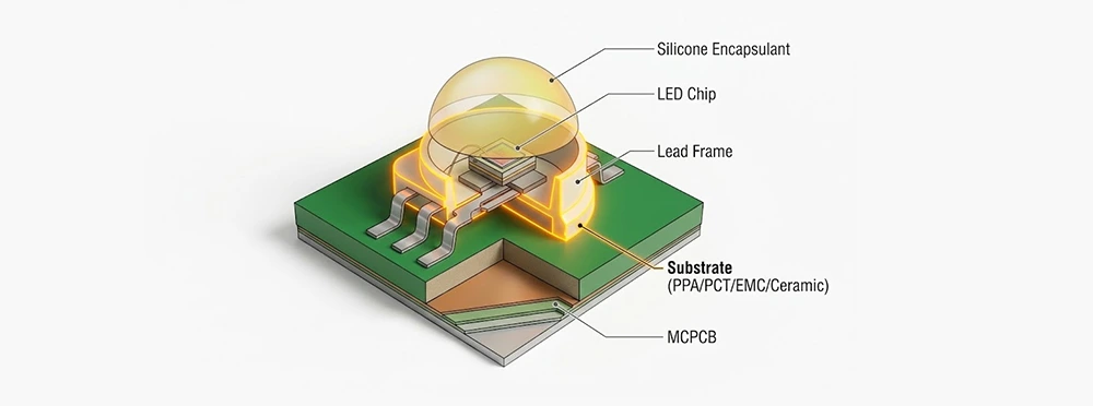 exploded technical diagram of an LED package
